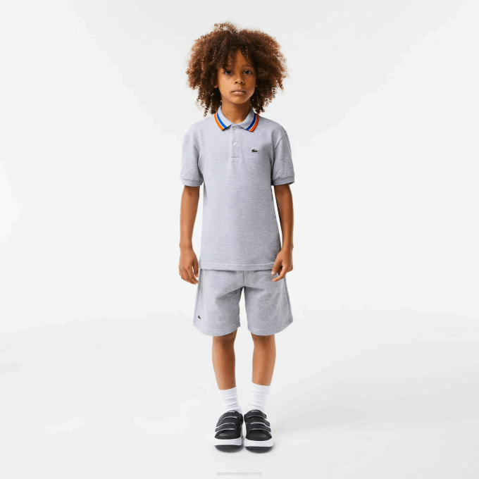 Boys Lacoste V0ZN2953 Grey Chine White W9D Tricolor Collar Cotton Petit Pique Polo - Image 2