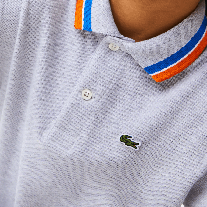 Boys Lacoste V0ZN2953 Grey Chine White W9D Tricolor Collar Cotton Petit Pique Polo - Image 4