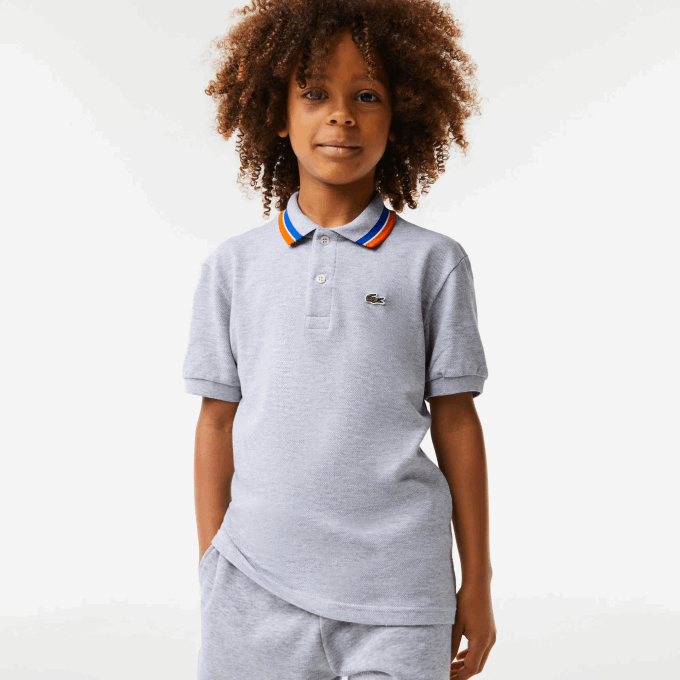 Boys Lacoste V0ZN2953 Grey Chine White W9D Tricolor Collar Cotton Petit Pique Polo - Image 1