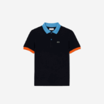 Boys Lacoste V0ZN2959 Navy Blue Orange X57 Contrast Collar Cotton Pique Polo