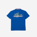 Boys Lacoste V0ZN3033 Blue White ET6 Contrast Collar Branded Polo - Image 2