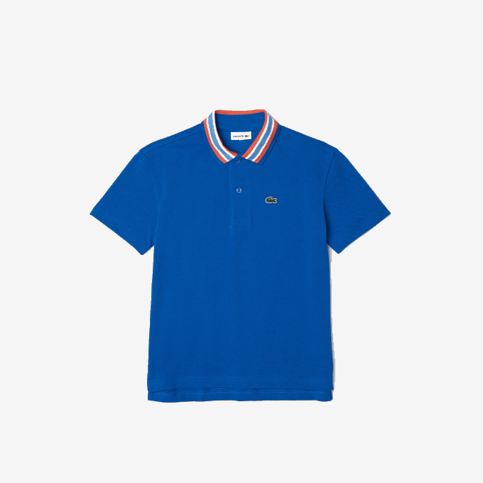 Boys Lacoste V0ZN3033 Blue White ET6 Contrast Collar Branded Polo - Image 1