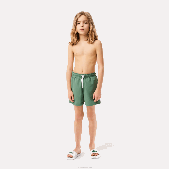 Boys Lacoste V0ZN3105 Khaki Green WIJ Quick-Dry Solid Swim Shorts - Image 1