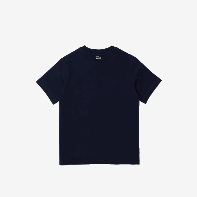 Boys Lacoste V0ZN3118 Navy Blue 166 Crew Neck Crocodile Lettering Cotton T-Shirt - Image 2