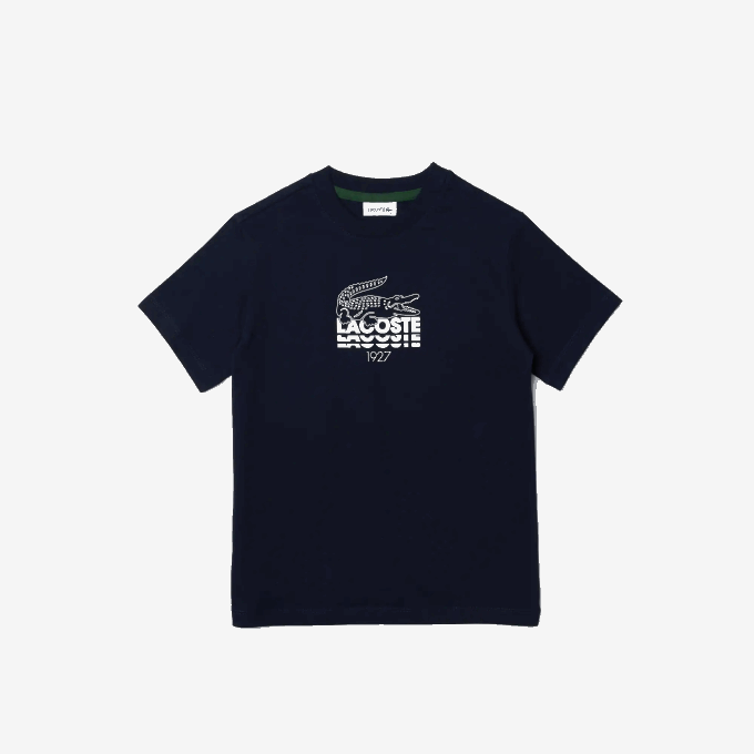 Boys Lacoste V0ZN3118 Navy Blue 166 Crew Neck Crocodile Lettering Cotton T-Shirt - Image 1