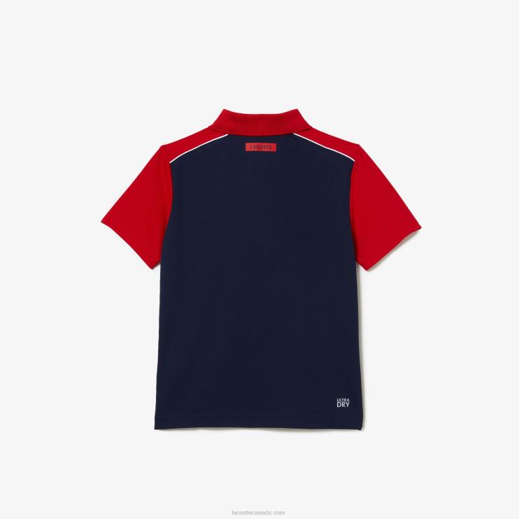 Boys Lacoste V0ZN3163 Red Navy Blue 528 SPORT Ultra-Dry Pique Polo - Image 2