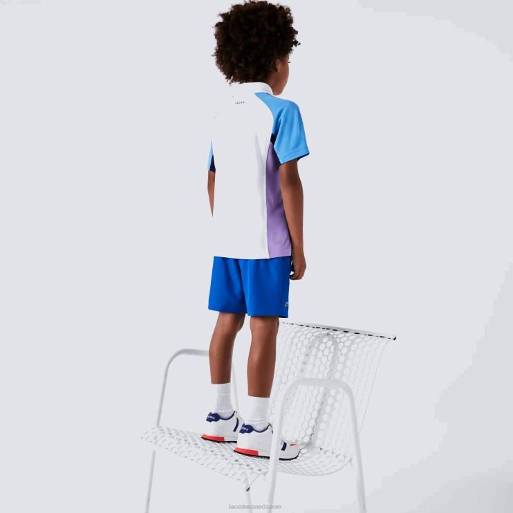 Boys Lacoste V0ZN3168 White Navy Blue Purple 6HU SPORT Regular Fit Mesh Detail Tennis Polo - Image 3