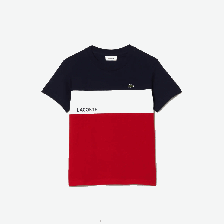 Boys Lacoste V0ZN3180 Navy Blue White Red LAW Color-Block Cotton Jersey T-Shirt - Image 1