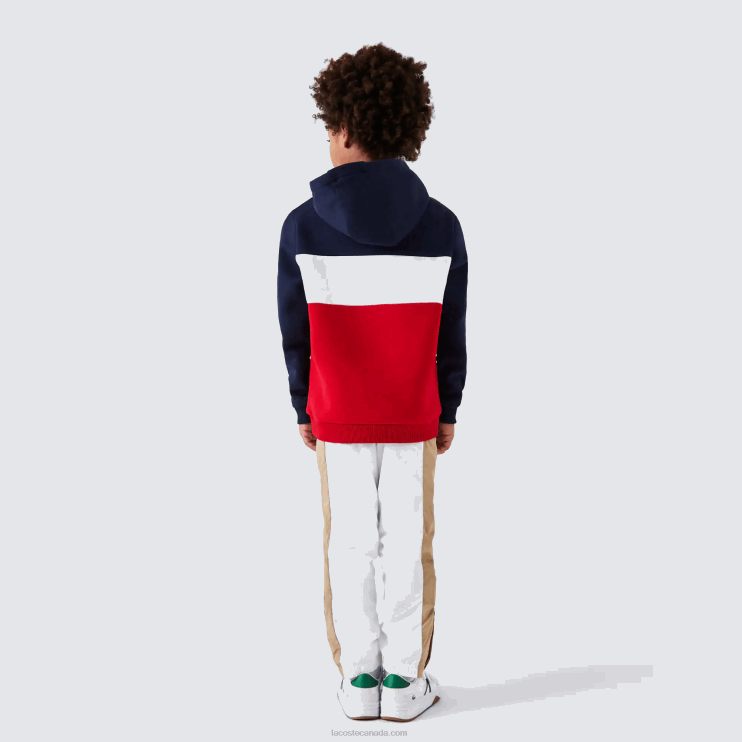 Boys Lacoste V0ZN3208 Navy Blue White Red LAW Color-Block Hooded Sweatshirt - Image 3