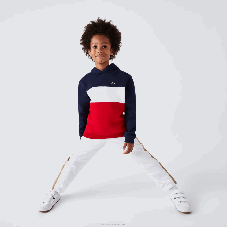 Boys Lacoste V0ZN3208 Navy Blue White Red LAW Color-Block Hooded Sweatshirt - Image 1