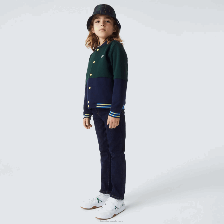 Boys Lacoste V0ZN3247 Navy Blue Green 7QK Striped Organic Cotton Varsity Jacket - Image 2