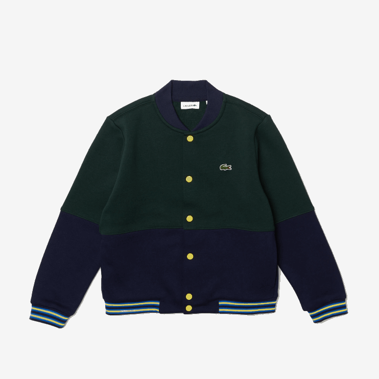 Boys Lacoste V0ZN3247 Navy Blue Green 7QK Striped Organic Cotton Varsity Jacket - Image 4