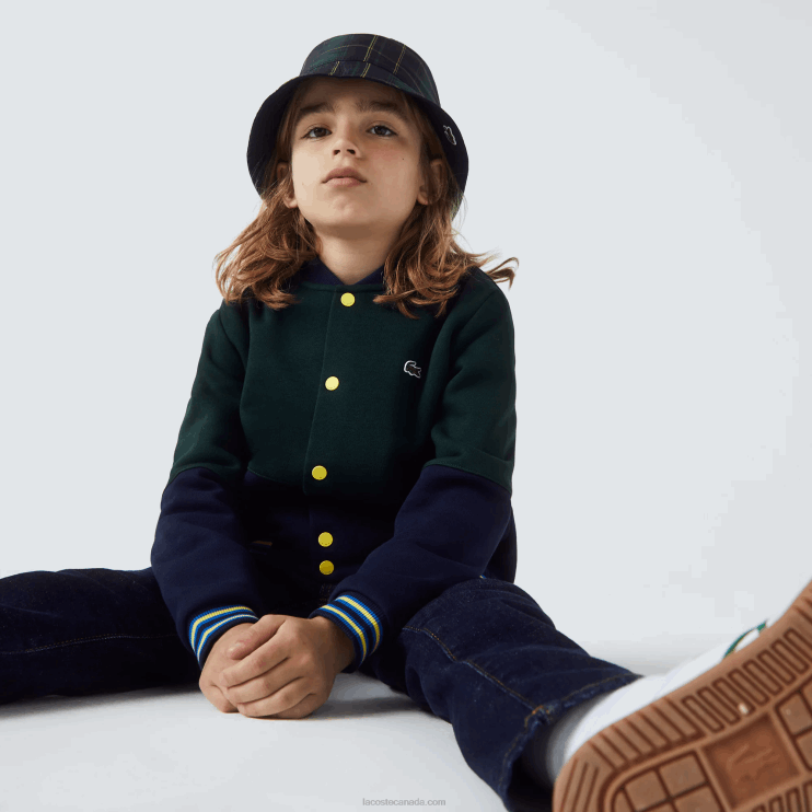 Boys Lacoste V0ZN3247 Navy Blue Green 7QK Striped Organic Cotton Varsity Jacket - Image 1