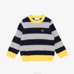 Boys Lacoste V0ZN3251 Grey Chine Navy Blue Yellow 7WR Contrast Collar Striped Cotton Sweater