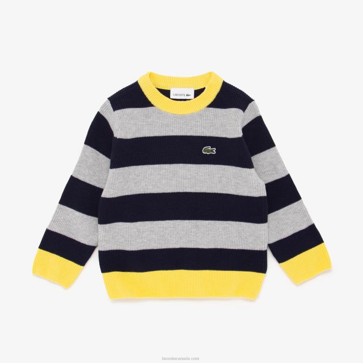 Boys Lacoste V0ZN3251 Grey Chine Navy Blue Yellow 7WR Contrast Collar Striped Cotton Sweater - Image 1