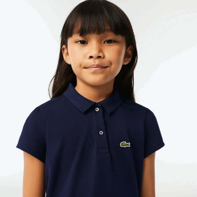 Girls Lacoste V0ZN2951 Navy Blue 166 Scalloped Collar Mini Pique Polo - Image 2