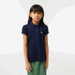 Girls Lacoste V0ZN2951 Navy Blue 166 Scalloped Collar Mini Pique Polo