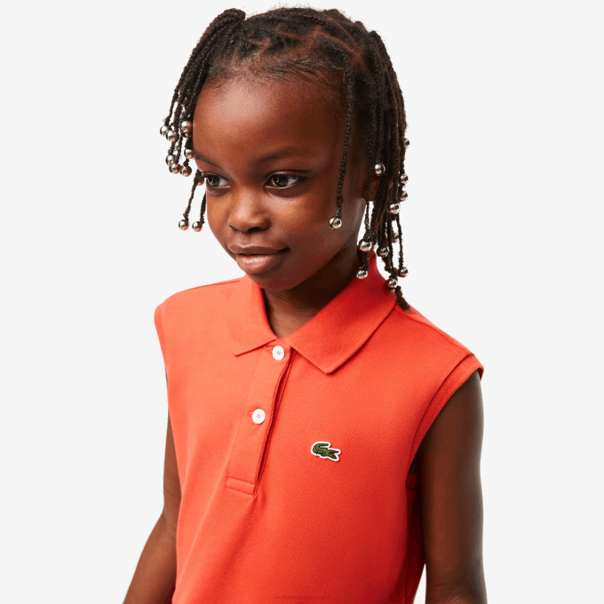 Girls Lacoste V0ZN3078 Orange 02K Fit and Flare Stretch Pique Polo Dress - Image 2