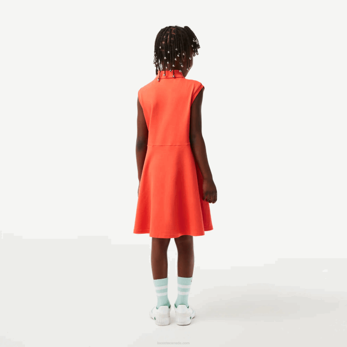 Girls Lacoste V0ZN3078 Orange 02K Fit and Flare Stretch Pique Polo Dress - Image 3
