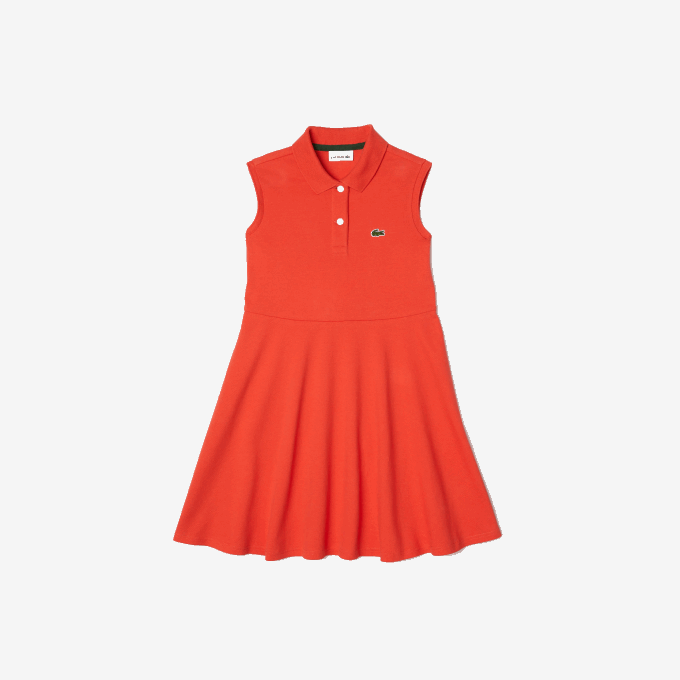 Girls Lacoste V0ZN3078 Orange 02K Fit and Flare Stretch Pique Polo Dress - Image 4