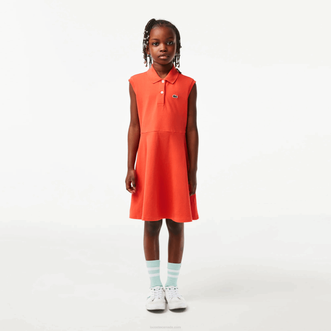 Girls Lacoste V0ZN3078 Orange 02K Fit and Flare Stretch Pique Polo Dress - Image 1
