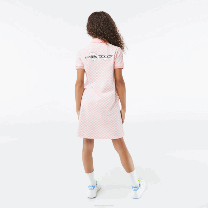 Girls Lacoste V0ZN3093 Pink White NW5 Check Print Organic Cotton Polo Dress - Image 3