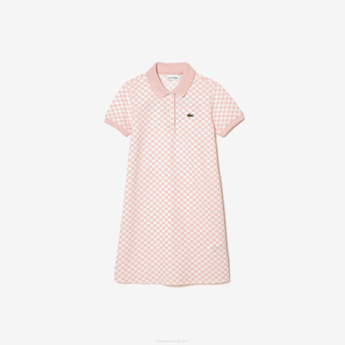 Girls Lacoste V0ZN3093 Pink White NW5 Check Print Organic Cotton Polo Dress - Image 4