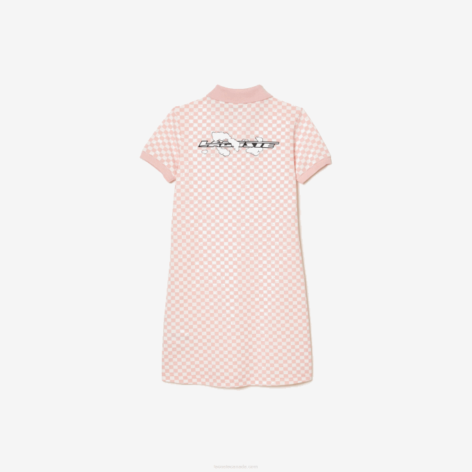 Girls Lacoste V0ZN3093 Pink White NW5 Check Print Organic Cotton Polo Dress - Image 5