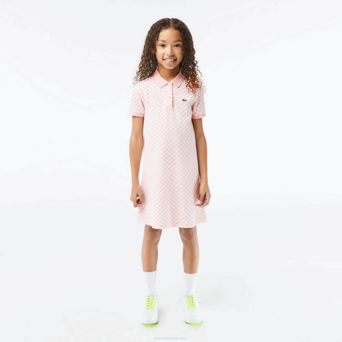 Girls Lacoste V0ZN3093 Pink White NW5 Check Print Organic Cotton Polo Dress - Image 1