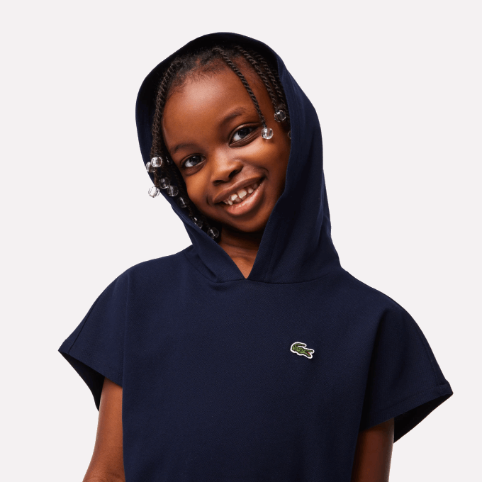 Girls Lacoste V0ZN3096 Navy Blue 166 Stretch Pique Sleeveless Sweater Dress - Image 2