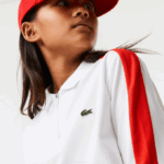 Girls Lacoste V0ZN3144 White Red 7HU Contrast Band Zip Polo - Image 4
