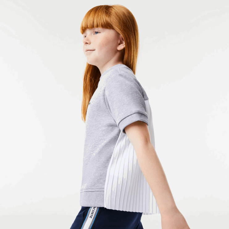 Girls Lacoste V0ZN3156 Grey Chine CCA Pleated Back Cotton Fleece T-Shirt - Image 1
