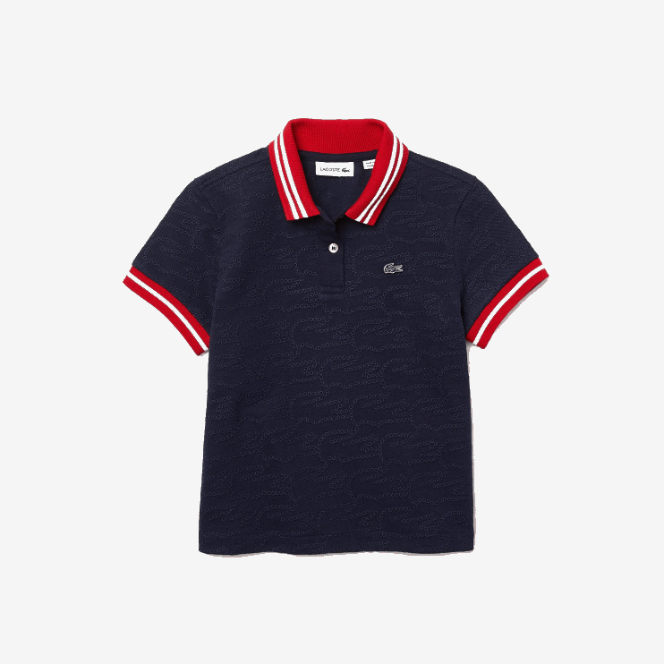 Girls Lacoste V0ZN3164 Navy Blue Red White GTF Crocodile Embroidery Pique Polo - Image 1