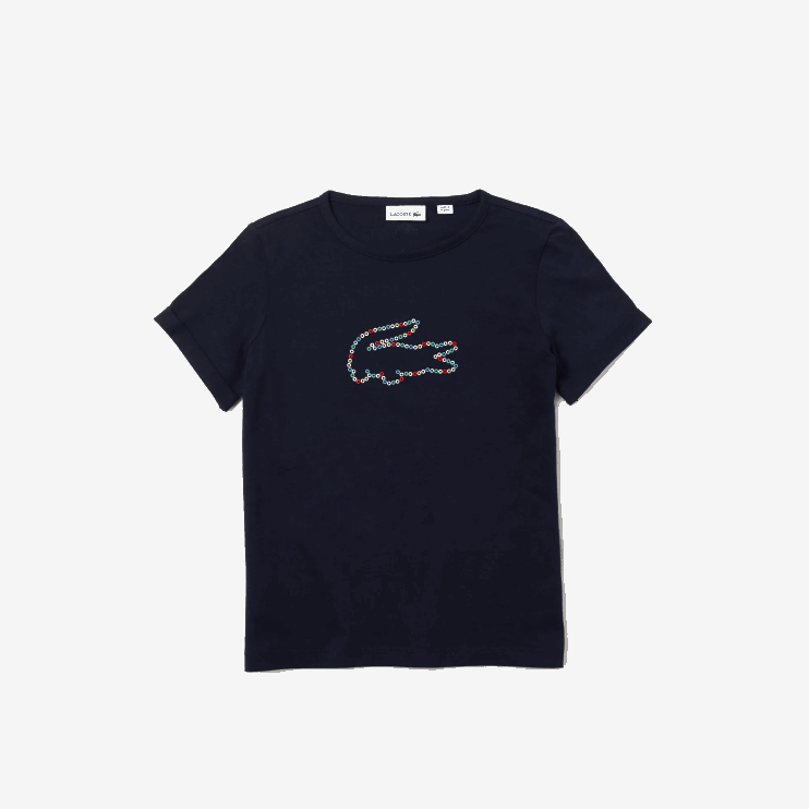 Girls Lacoste V0ZN3175 Navy Blue 166 Crocodile Crew Neck Cotton T-Shirt - Image 1
