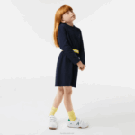 Girls Lacoste V0ZN3270 Navy Blue 166 Contrast Waist Cotton Jersey Dress - Image 2