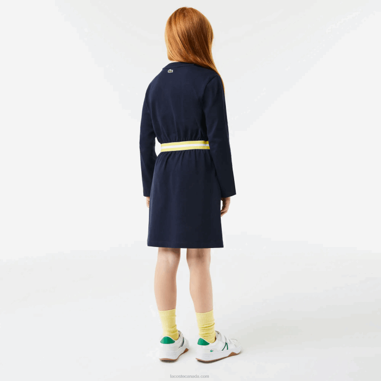 Girls Lacoste V0ZN3270 Navy Blue 166 Contrast Waist Cotton Jersey Dress - Image 3
