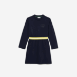 Girls Lacoste V0ZN3270 Navy Blue 166 Contrast Waist Cotton Jersey Dress - Image 5