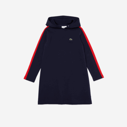 Girls Lacoste V0ZN3274 Navy Blue Red 7PE Contrast Band Hooded Dress