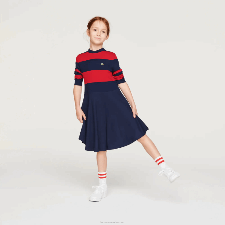 Girls Lacoste V0ZN3294 Navy Blue Red 0Y4 Striped Knit Turtleneck Sweater - Image 2