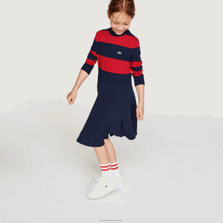 Girls Lacoste V0ZN3294 Navy Blue Red 0Y4 Striped Knit Turtleneck Sweater - Image 1
