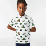Kids Lacoste V0ZN2956 White 001 Comic Effect Crocodile Print Polo - Image 2