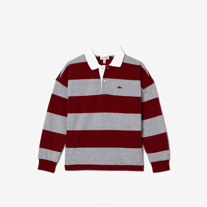 Kids Lacoste V0ZN2962 Bordeaux Grey Chine X29 Striped Pique Polo - Image 4