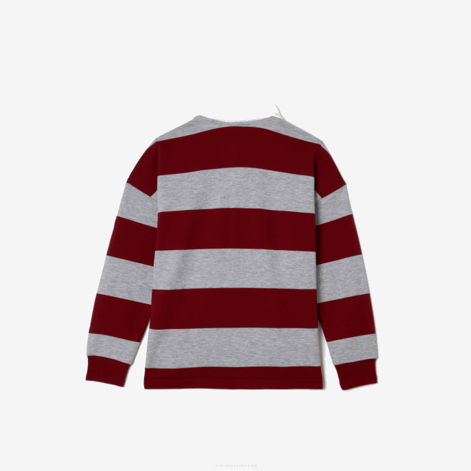 Kids Lacoste V0ZN2962 Bordeaux Grey Chine X29 Striped Pique Polo - Image 5