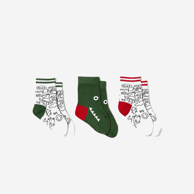 Kids Lacoste V0ZN2979 White Green Navy Blue FWY Crocodile Print Sock Three-Pack - Image 1