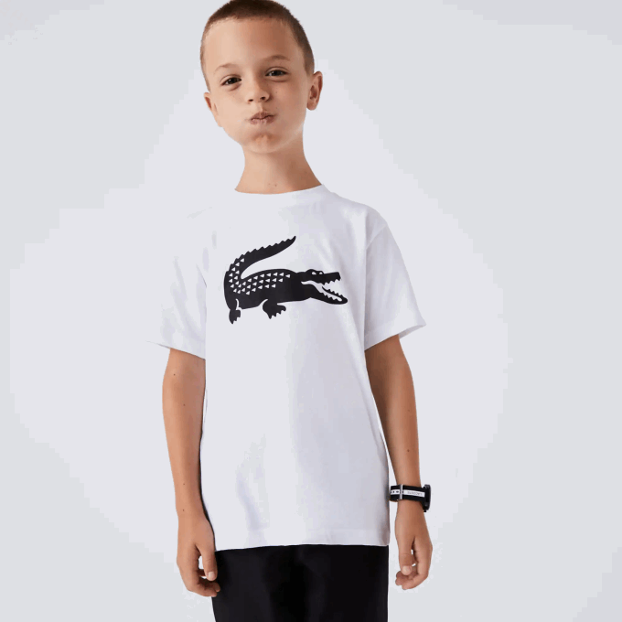 Kids Lacoste V0ZN3019 White Black AU8 SPORT Tennis Technical Jersey Oversized Croc T-Shirt - Image 1