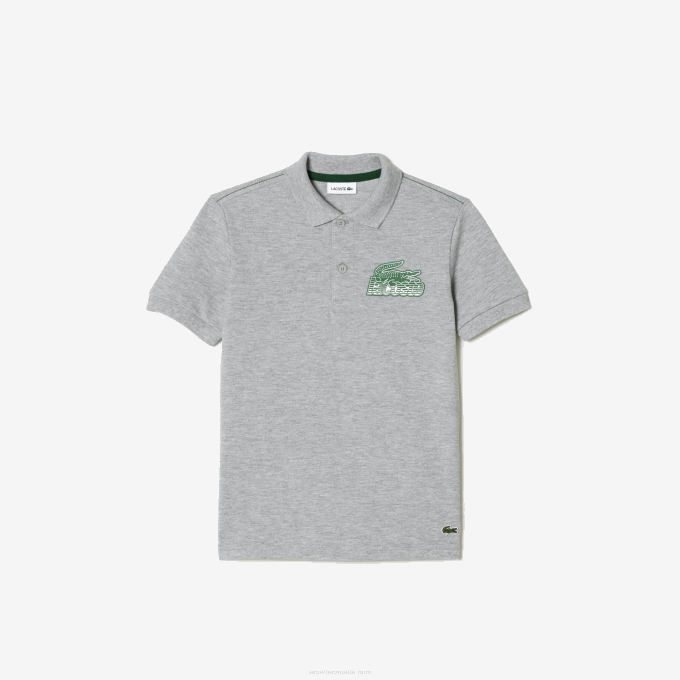 Kids Lacoste V0ZN3035 Grey Chine CCA Organic Cotton Contrast Print Polo - Image 1