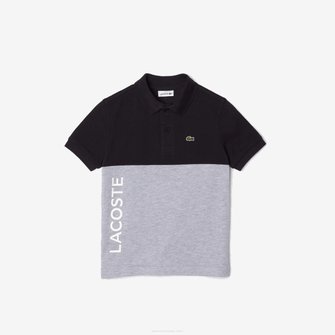 Kids Lacoste V0ZN3038 Navy Blue Grey Chine E6A Organic Cotton Pique Colorblock Polo - Image 1