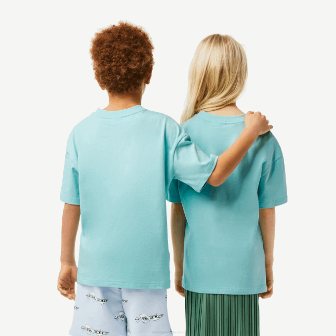 Kids Lacoste V0ZN3039 Light Green White Y7I Branded T-Shirt in Organic Cotton Jersey - Image 2