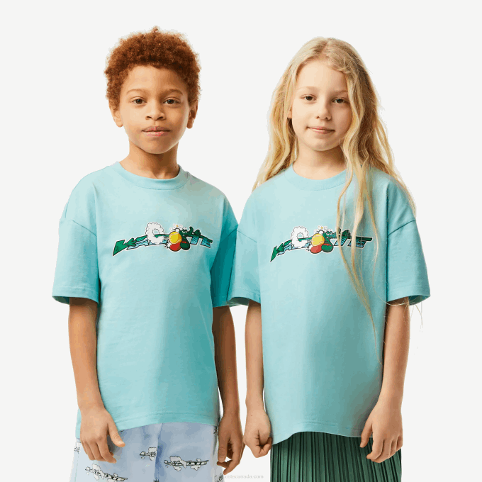 Kids Lacoste V0ZN3039 Light Green White Y7I Branded T-Shirt in Organic Cotton Jersey - Image 1