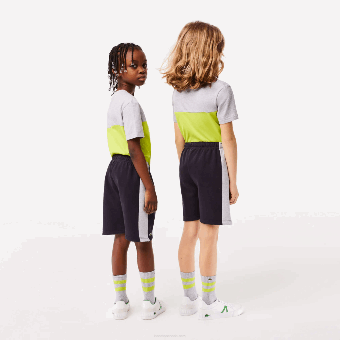 Kids Lacoste V0ZN3089 Navy Blue Grey Chine E6A Color-Stripe Organic Cotton Shorts - Image 3